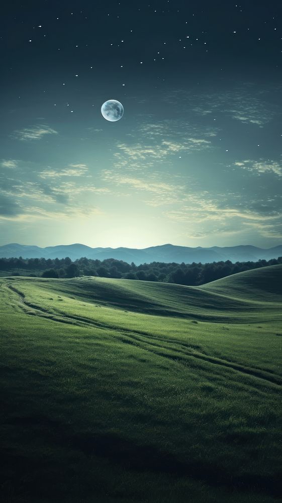 Cool wallpaper hilly grass field moon.