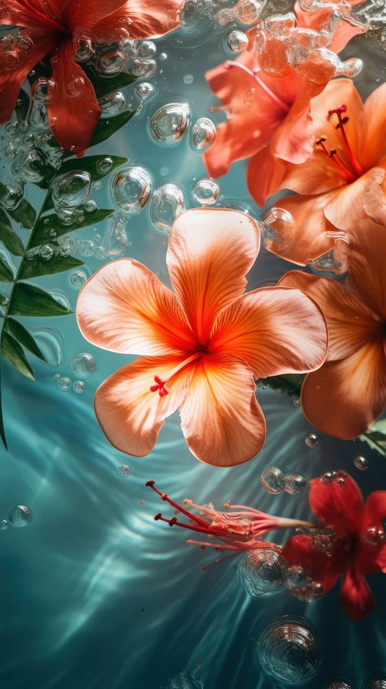Tropical leaf and flower underwater hibiscus outdoors.