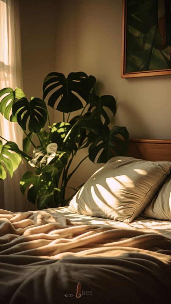 Monstera plant room bed furniture.