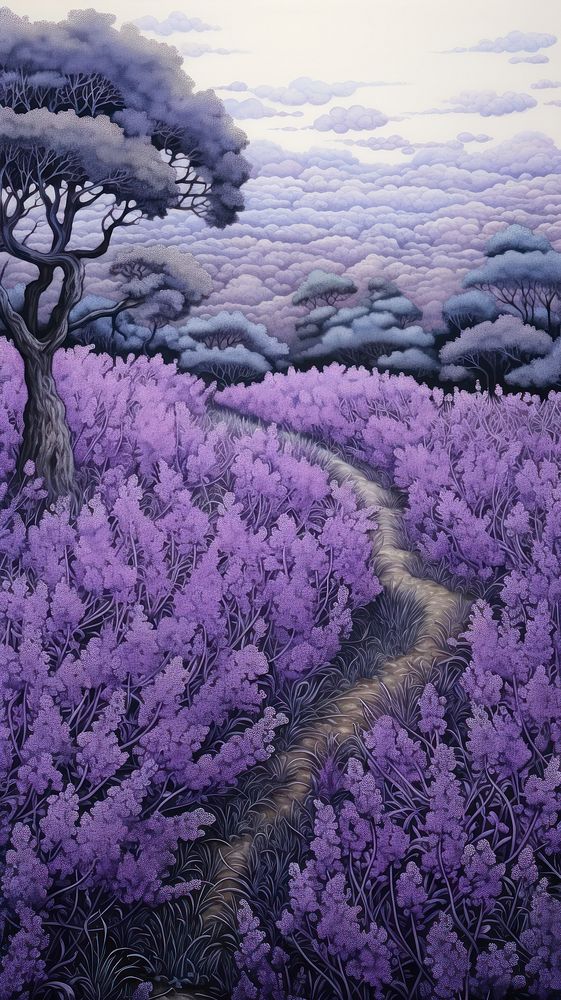 Illustration of purple blooms landscape lavender outdoors.