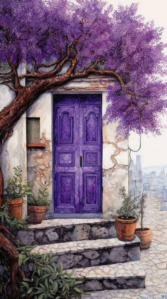 Illustration of purple door architecture building painting.