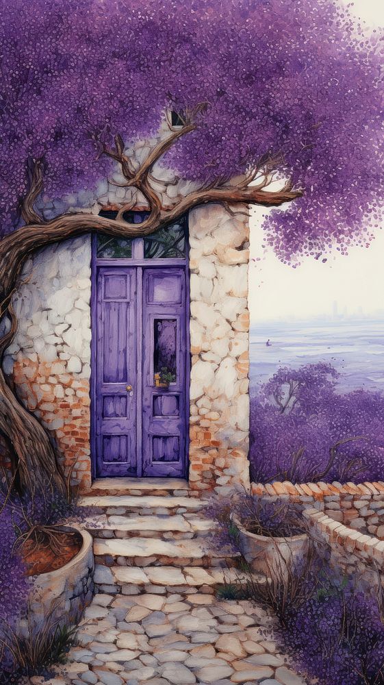 Illustration of purple door architecture lavender building.