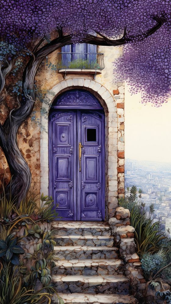 Illustration of purple door architecture building plant.