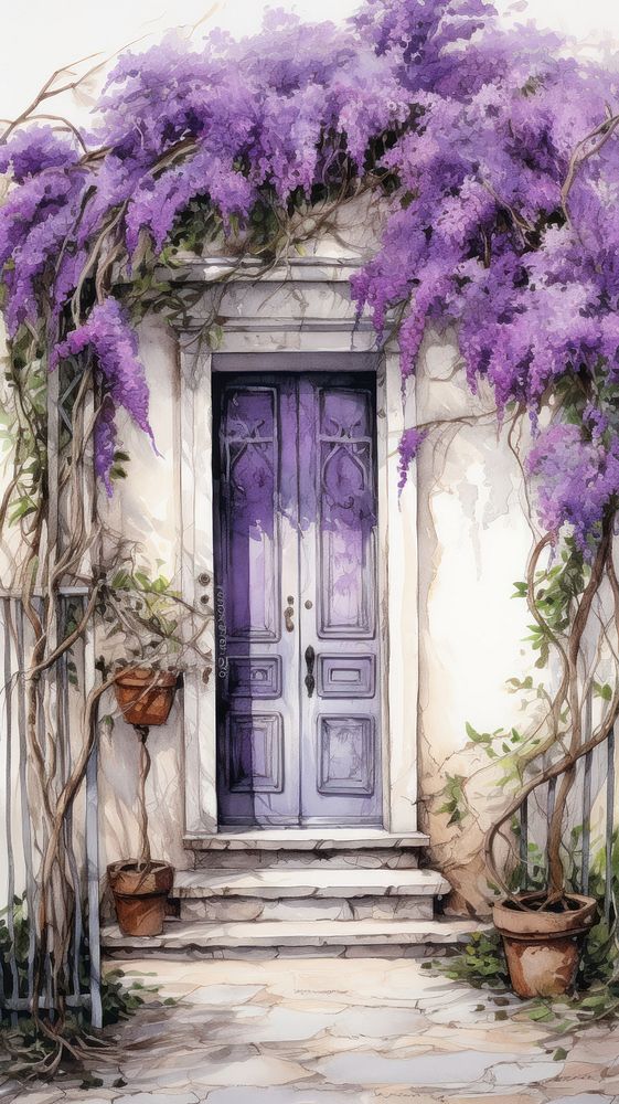 Illustration of purple door architecture building outdoors.
