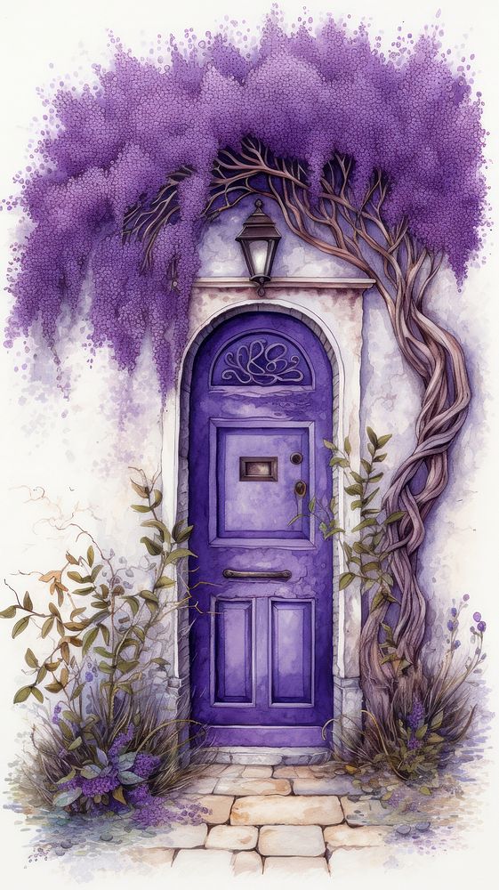 Illustration of purple door architecture lavender flower.
