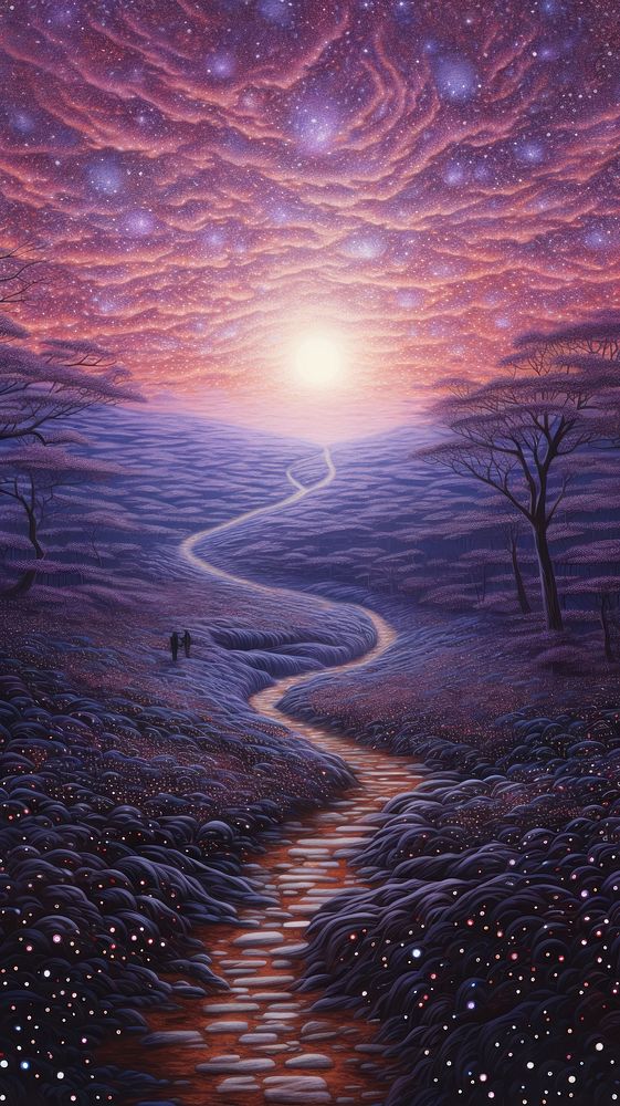 Illustration of purple flame landscape outdoors painting.