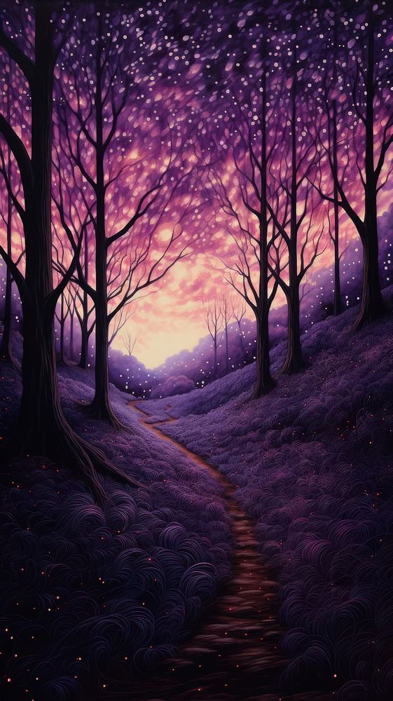 Illustration of purple flame landscape outdoors woodland.