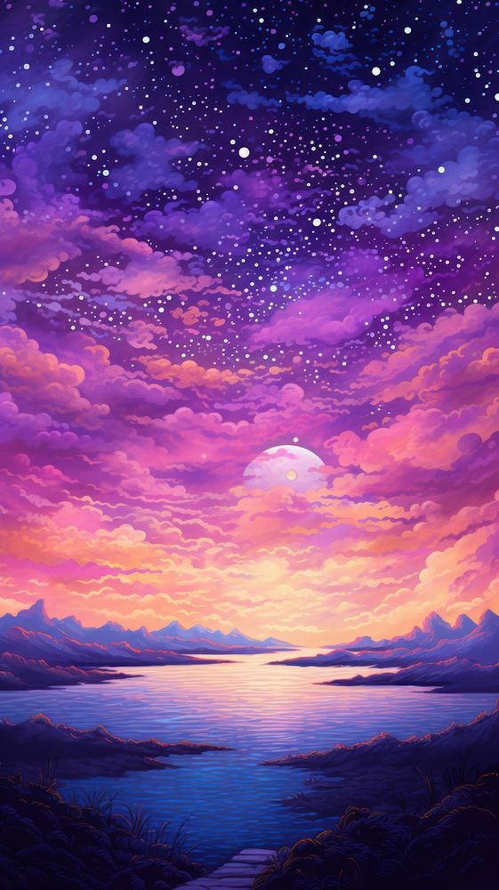 Illustration of purple sunset sky landscape outdoors nature.