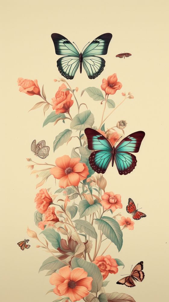 Vintage drawing of butterfly flower pattern animal.