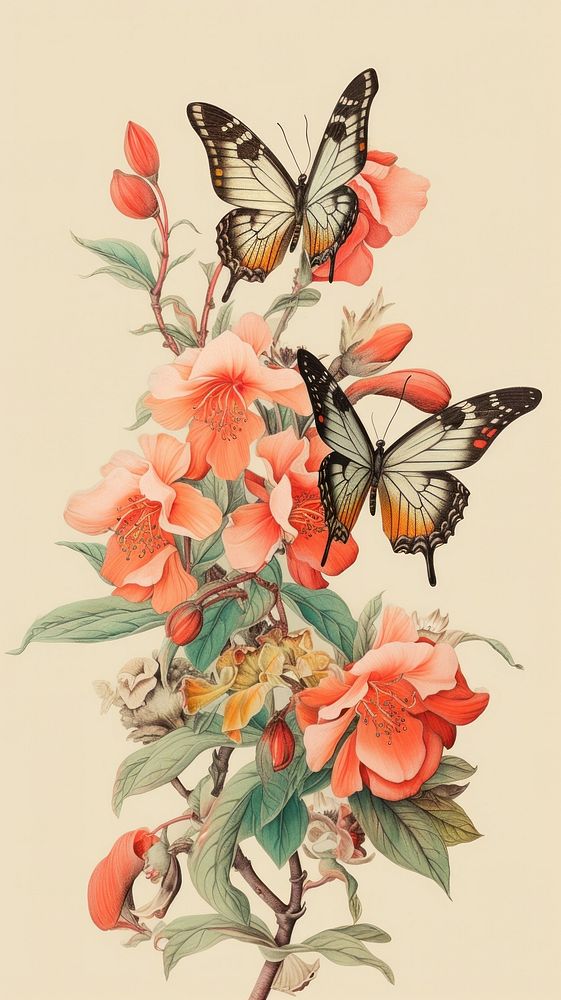 Vintage drawing of butterfly flower sketch pattern.