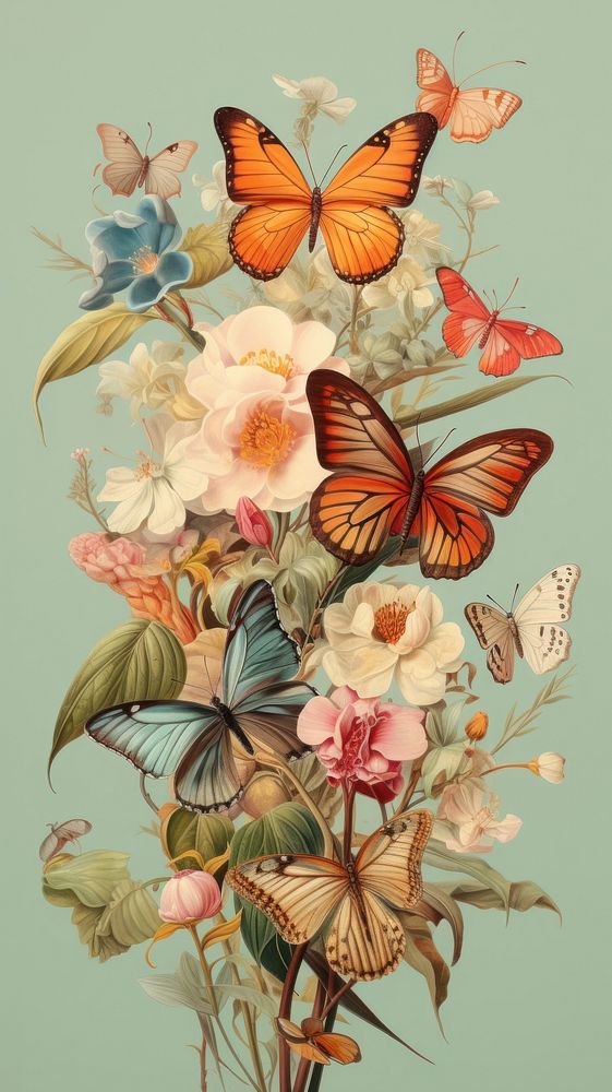 Vintage drawing of butterfly flower painting pattern.