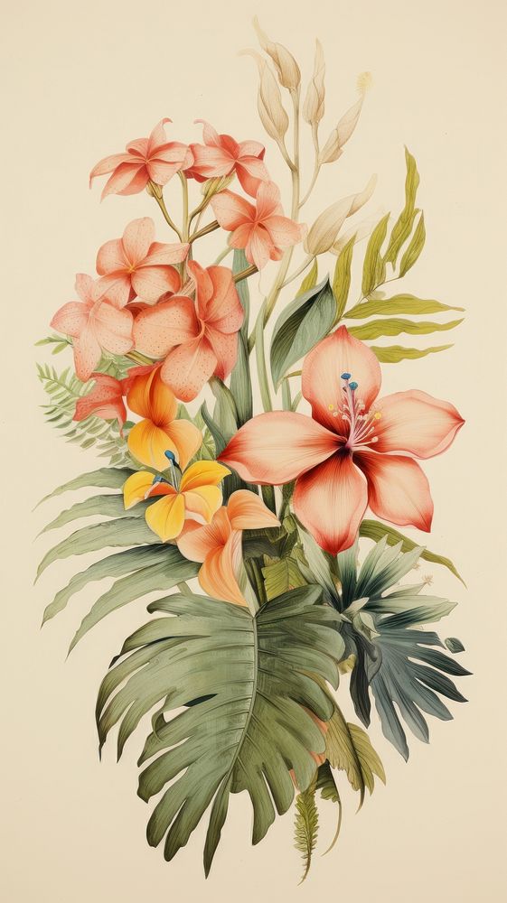 Tropical and flower leaves painting drawing sketch.