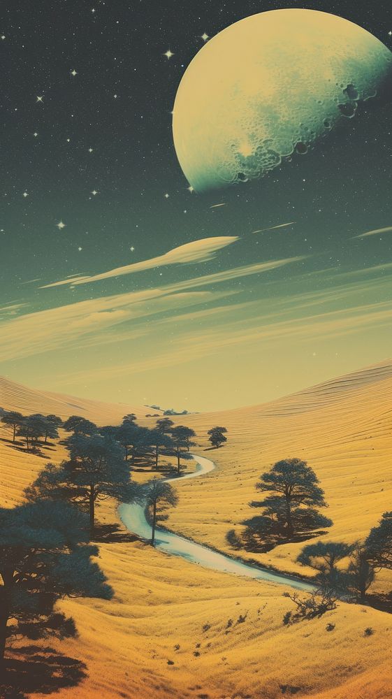 Cool wallpaper yellow hills space moon tree.