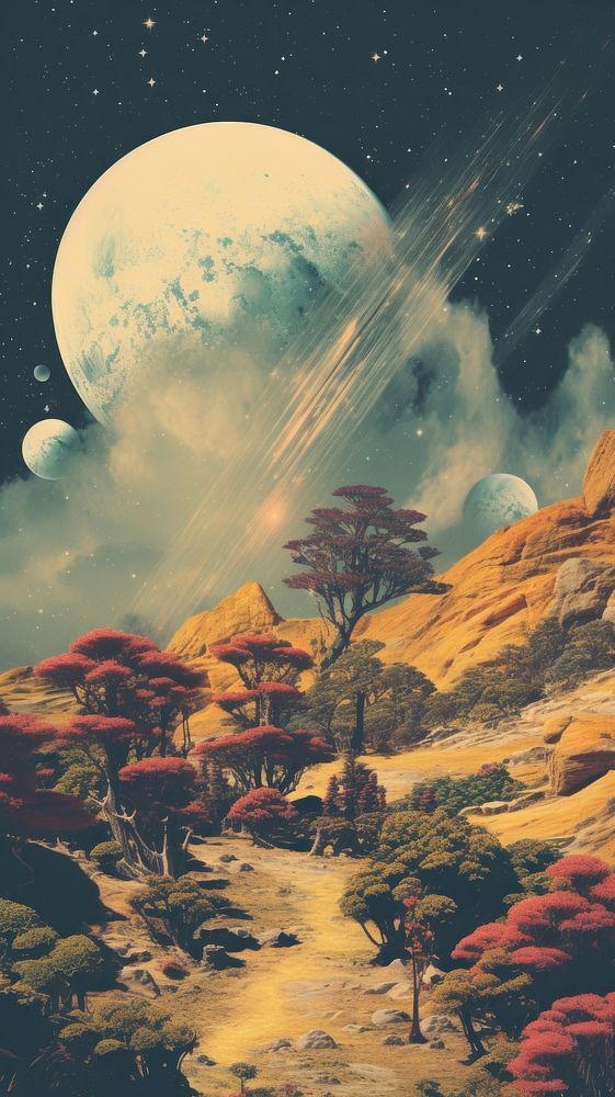 Cool wallpaper yellow hills space moon tree.