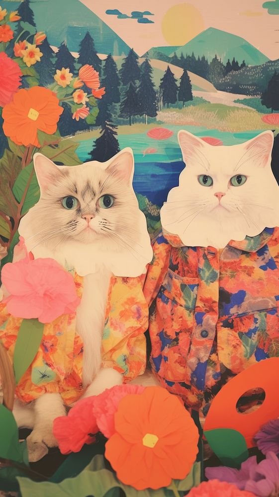 2 grumpy cats craft painting portrait mammal.