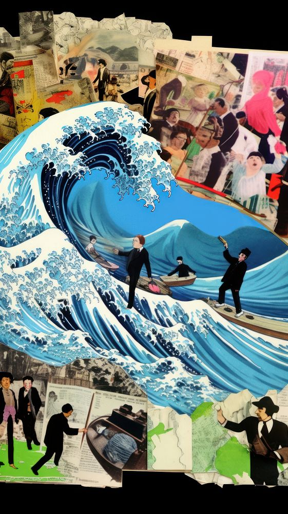 Tsunami painting collage surfing.