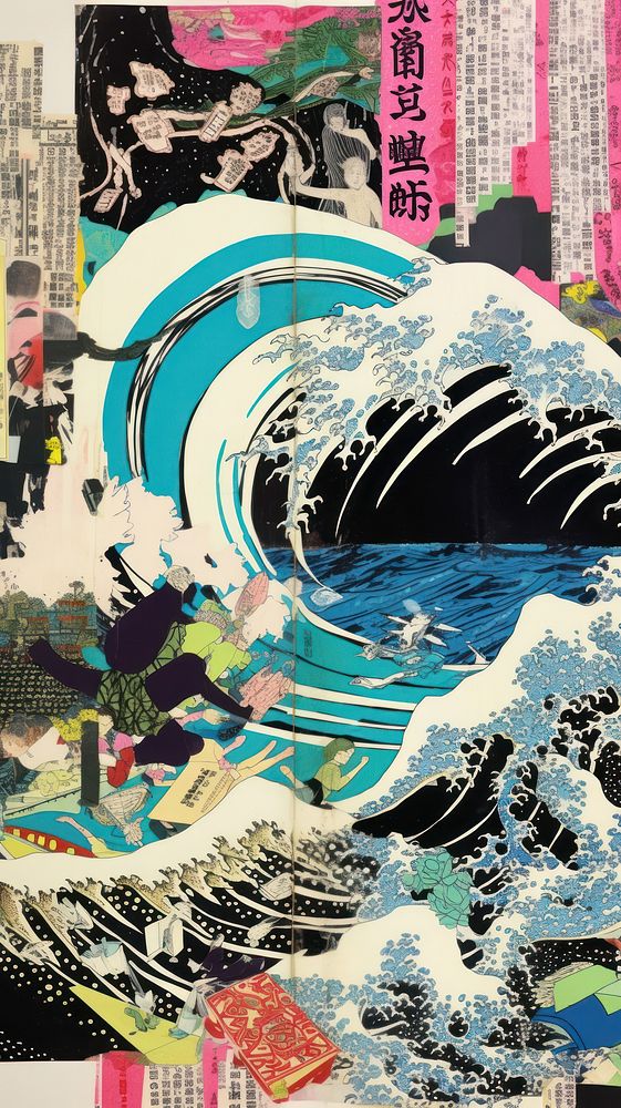 Tsunami painting outdoors collage.