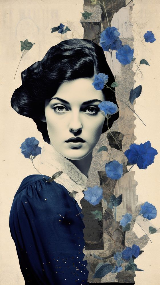 Blue wallpaper portrait painting collage.