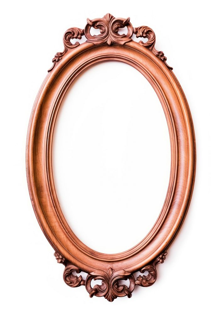 Brown oval frame vintage mirror photo white background.