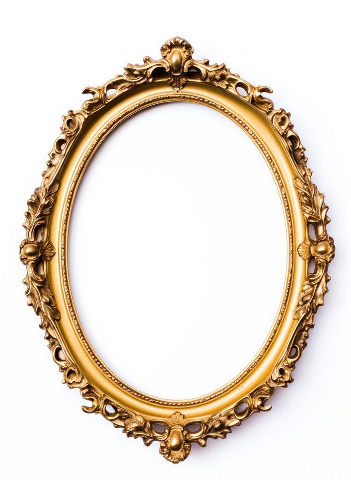 Golden rococo frame vintage jewelry photo white background.