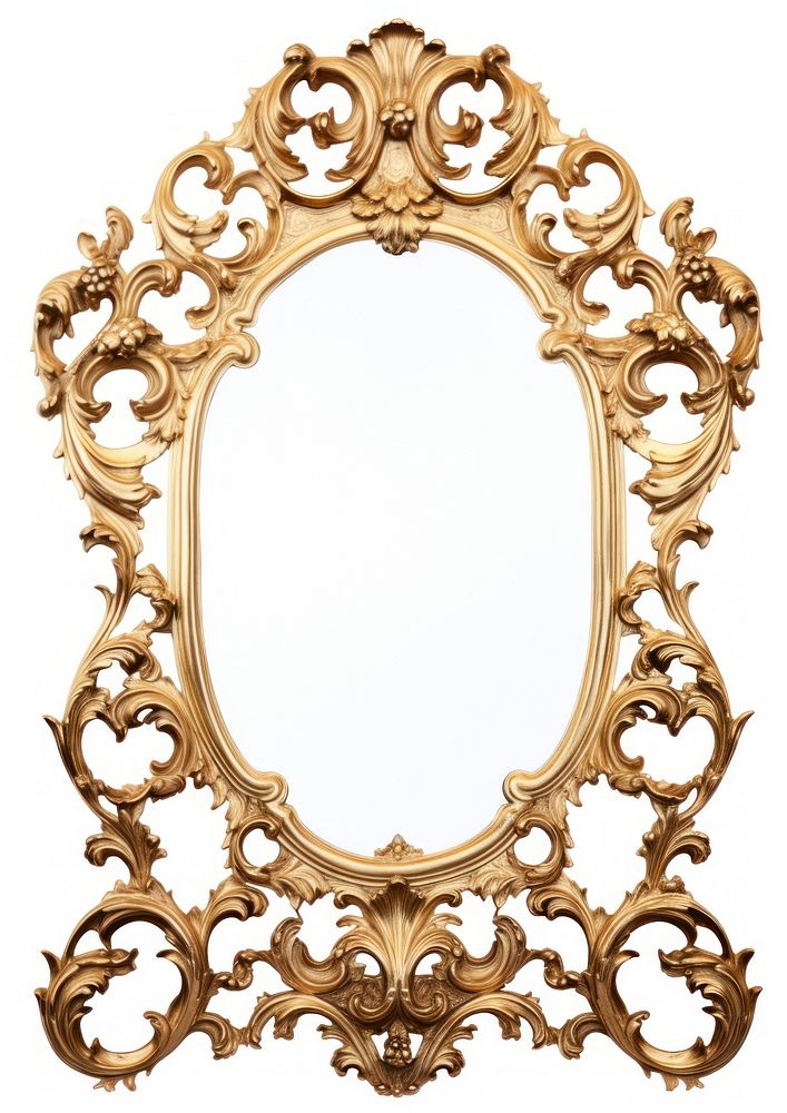 Golden rococo frame vintage mirror photo white background.