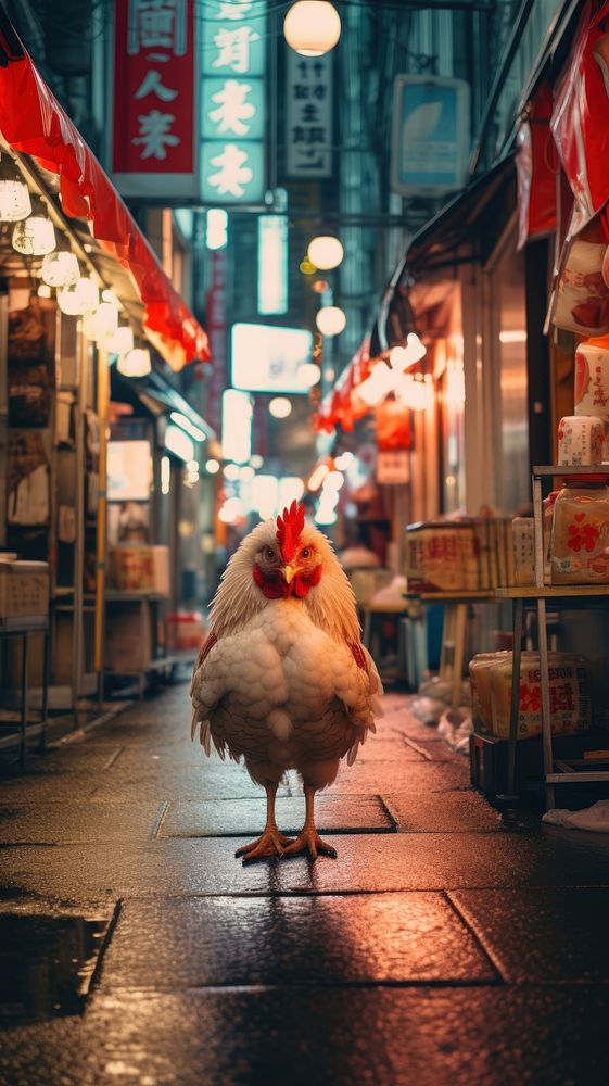 A yokohama chicken poultry animal street.