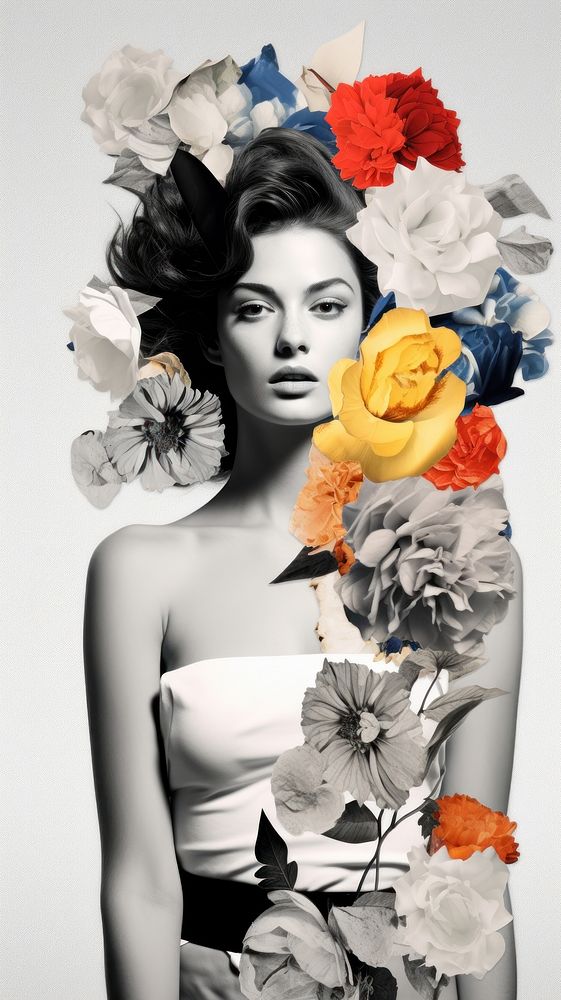 Collage of flowers and woman fashion portrait plant.