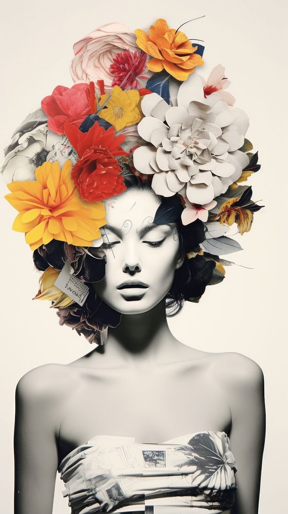 Collage of flowers and woman portrait fashion adult.