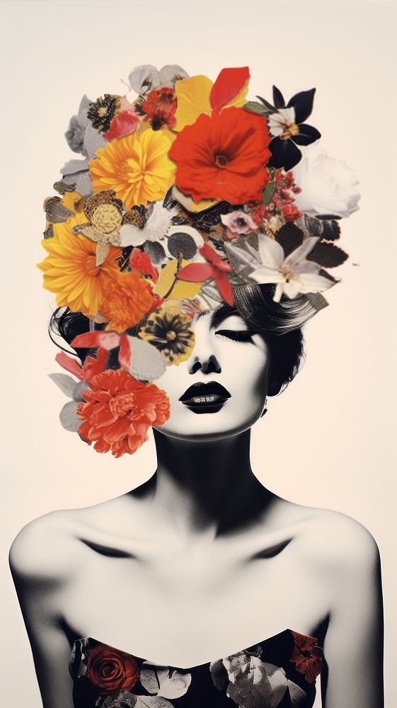 Collage of flowers and woman portrait painting fashion.