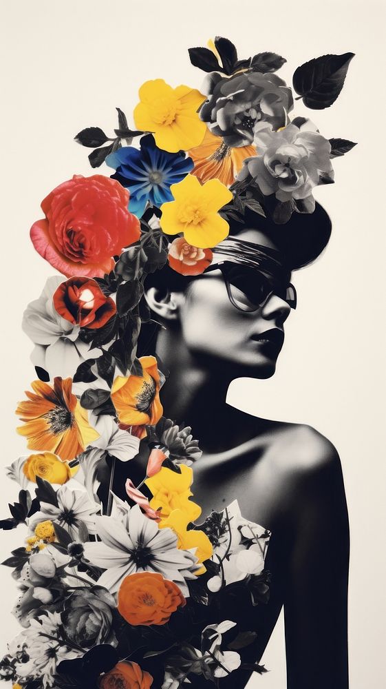 Collage of flowers and woman portrait fashion plant.