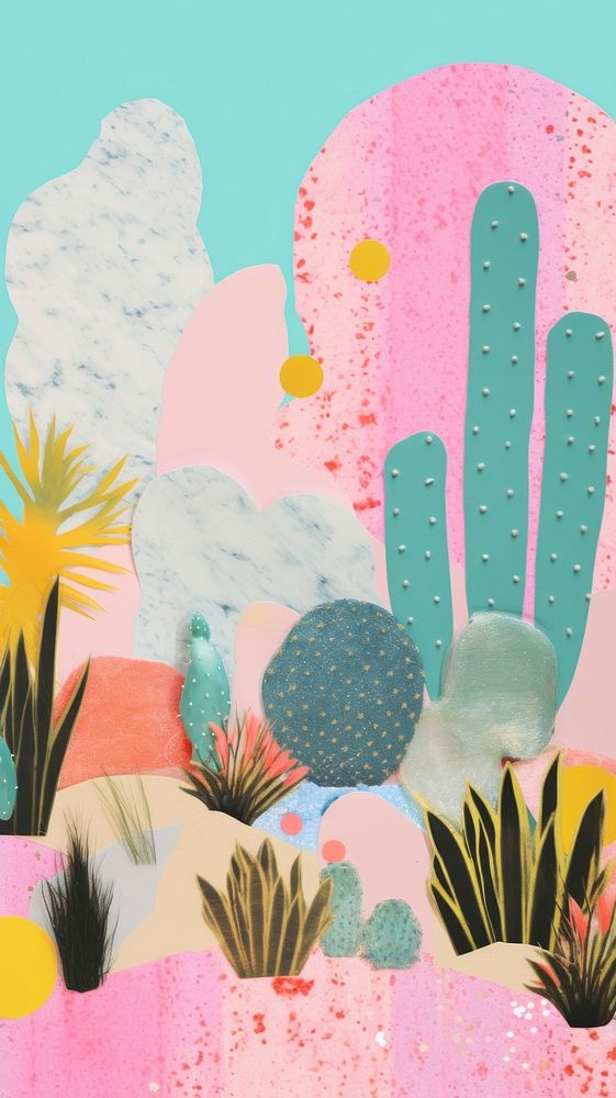 Colorful memphis shapes craft backgrounds painting cactus.