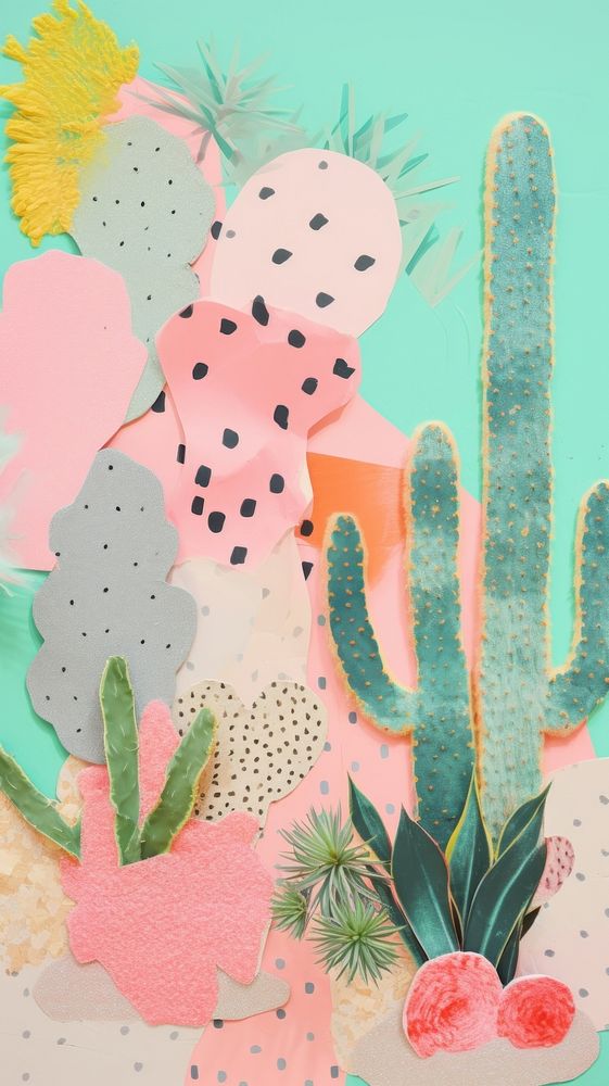 Colorful memphis shapes craft backgrounds painting cactus.