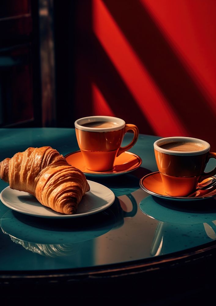 Coffees and crossiants croissant bread table.