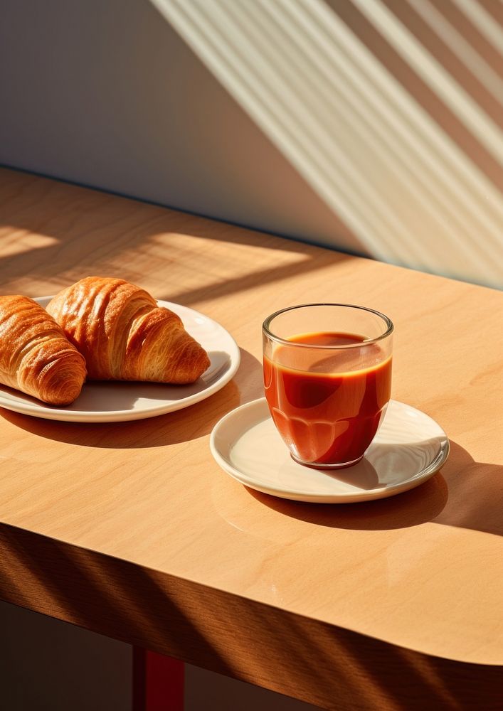 Coffees and crossiants croissant bread table.