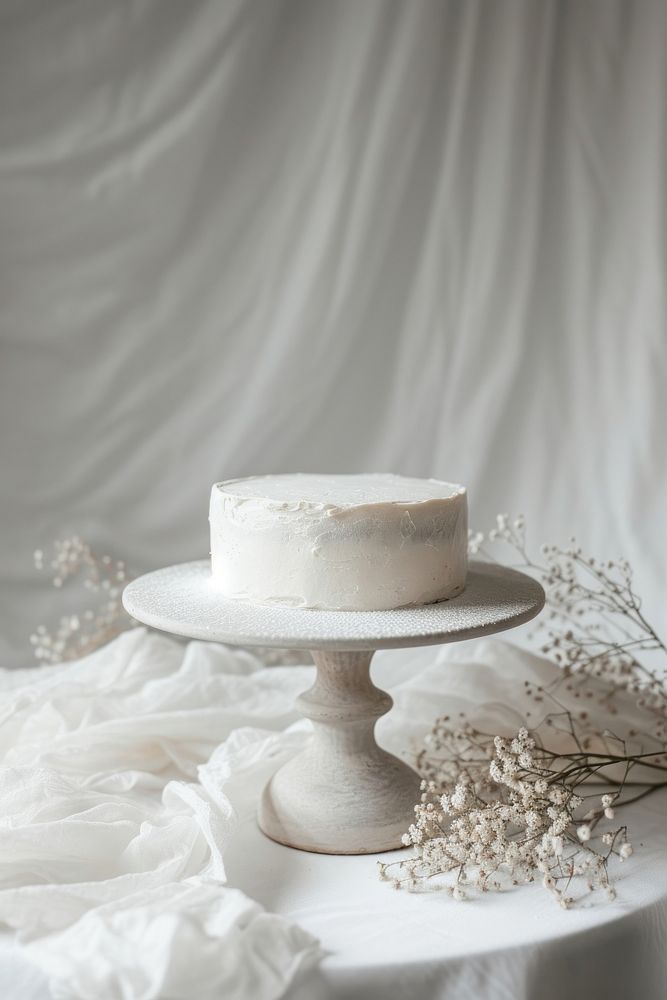 One piece of minimal ceramic pedestal cake plate dessert white food.