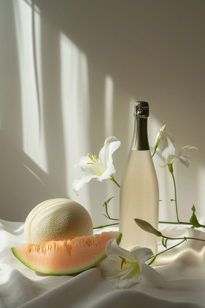 Champagne bottle with melon and flower fruit plant food.