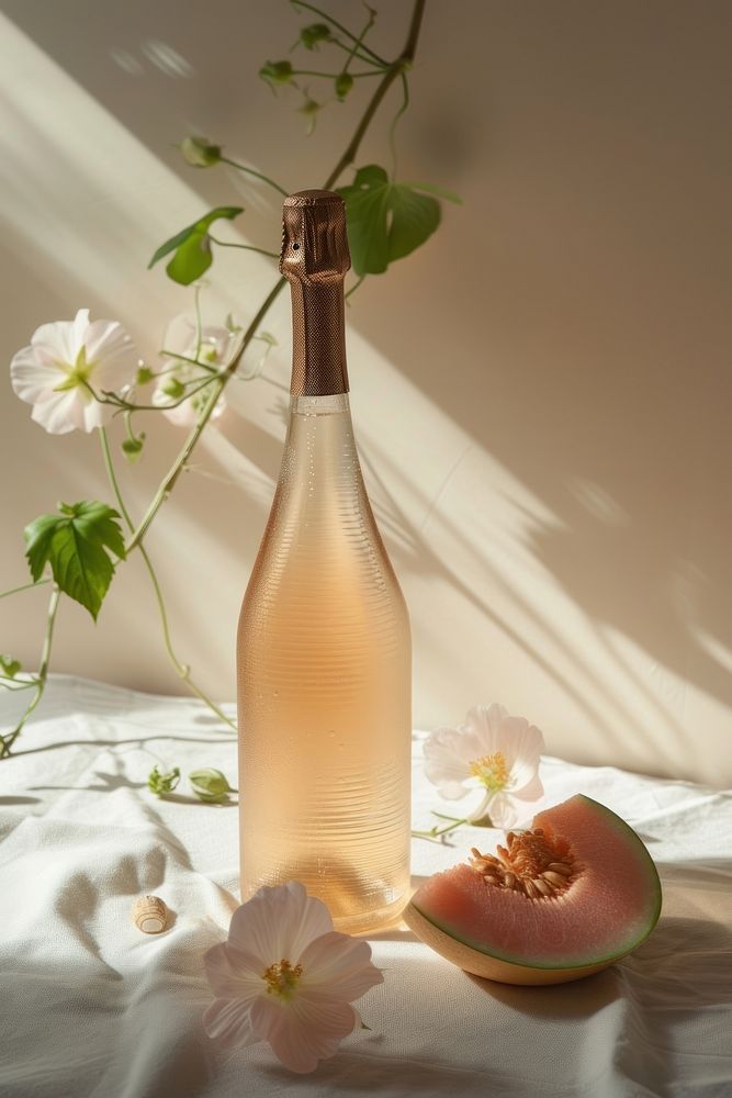 Champagne bottle with melon and flower drink plant refreshment.