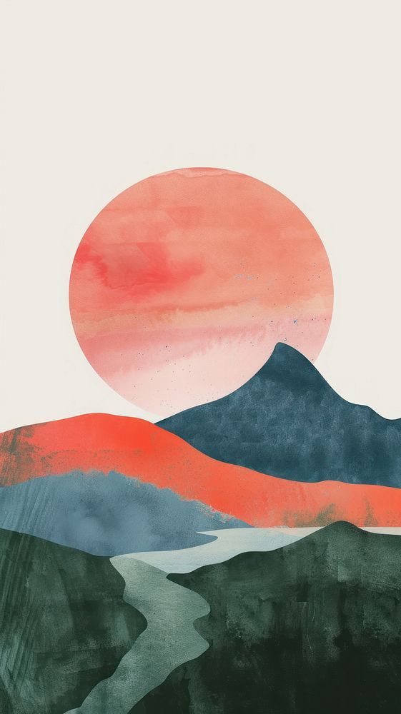 Sunset watercolor wallpaper landscape mountain painting.