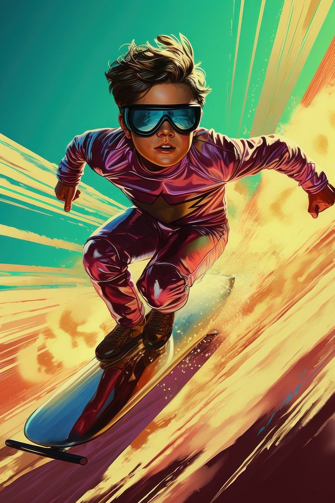 Kid Superhero flying snowboarding adventure outdoors.