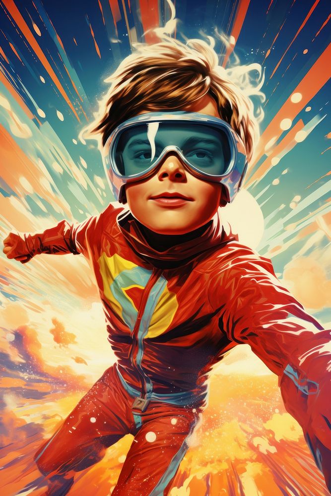 Kid Superhero flying superhero portrait comics.