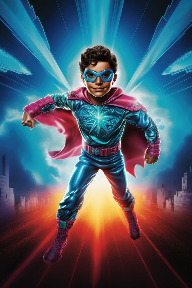 Kid Superhero flying superhero portrait advertisement.