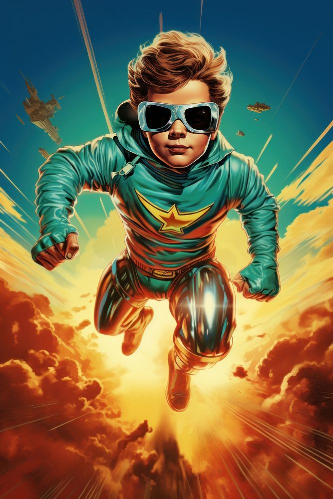 Kid Superhero flying sunglasses superhero outdoors.