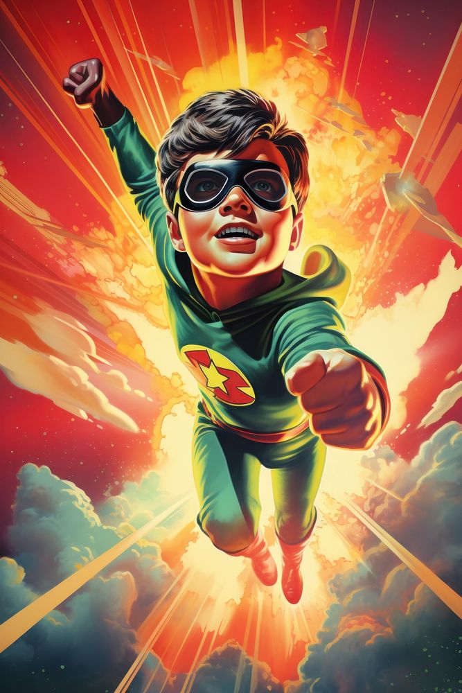 Kid Superhero flying superhero poster comics.