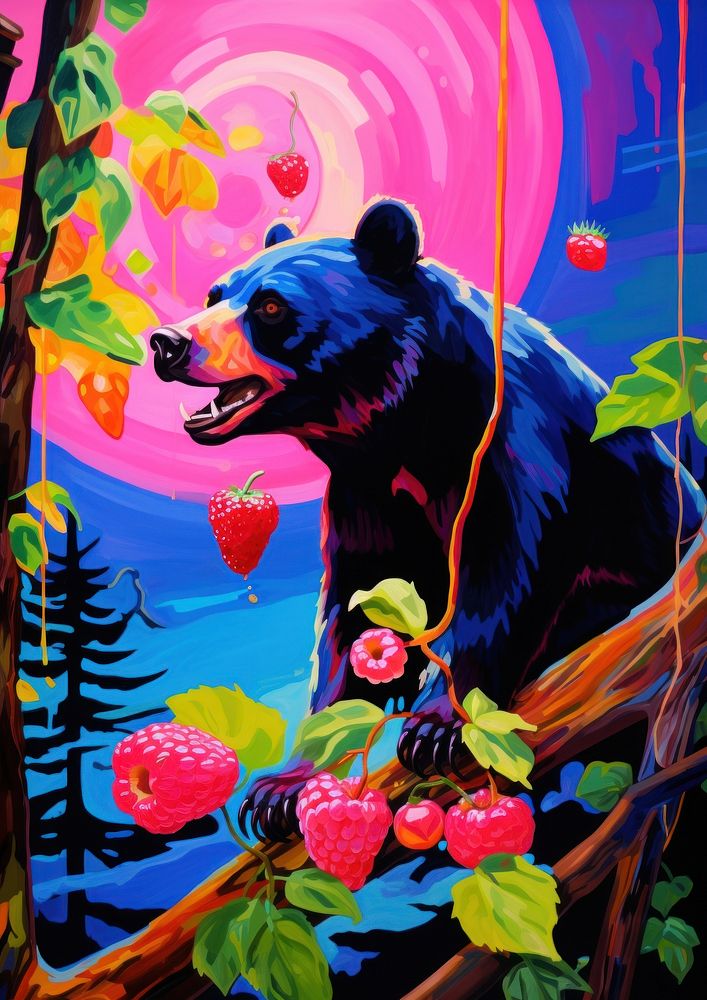A bear eating berry painting mammal plant.
