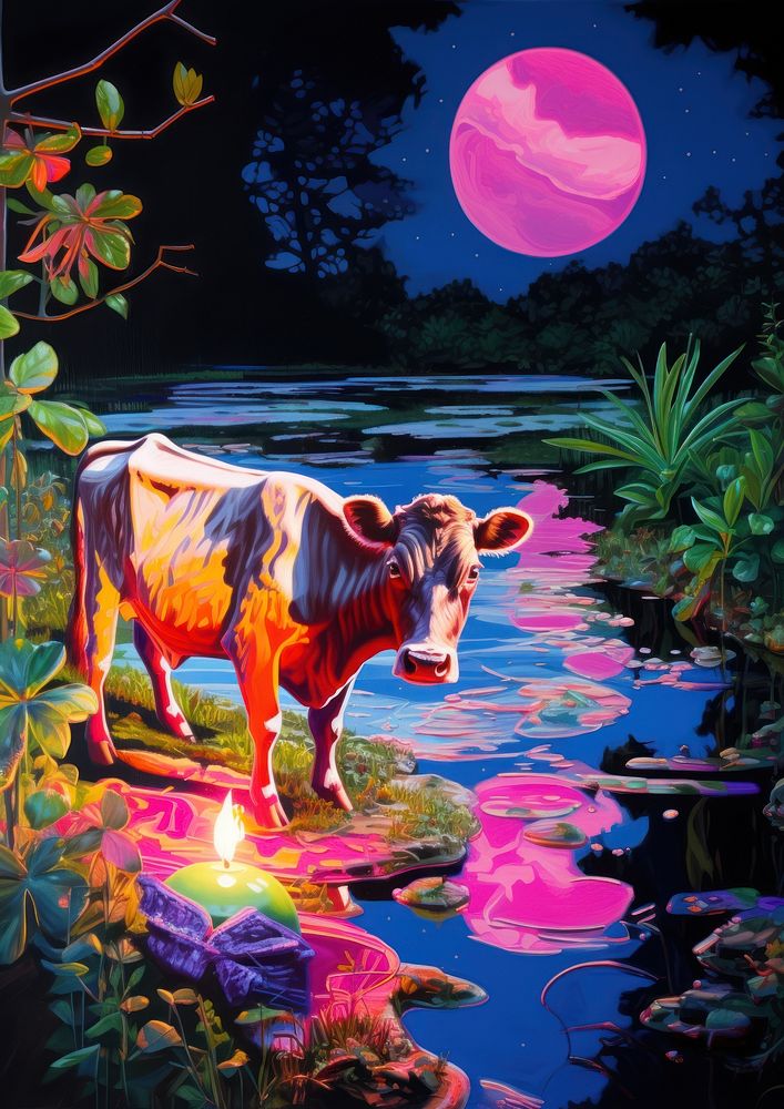 A cow eating water at the river livestock outdoors painting.