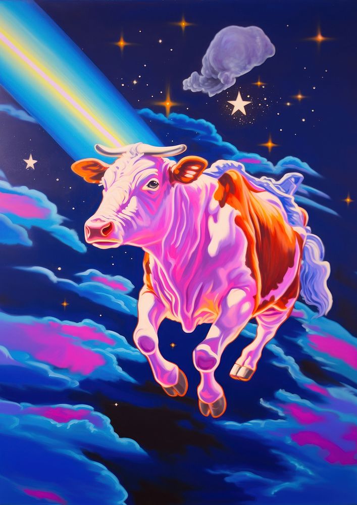 A cow flying livestock painting mammal.