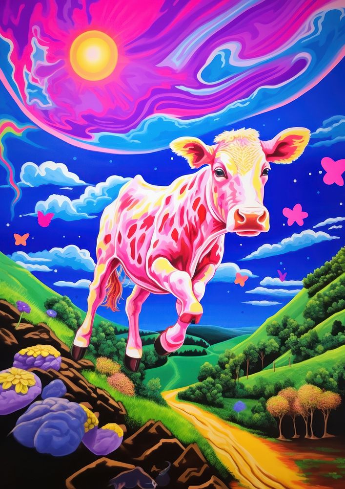 A cow flying painting livestock outdoors.