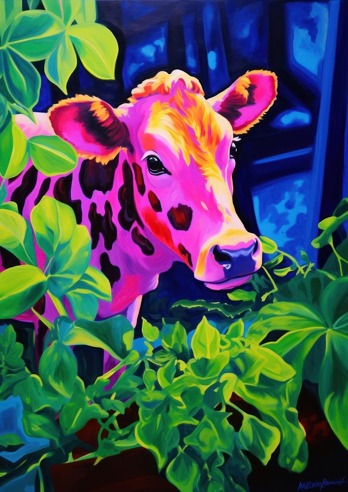 A cow in clean greenery painting outdoors mammal.