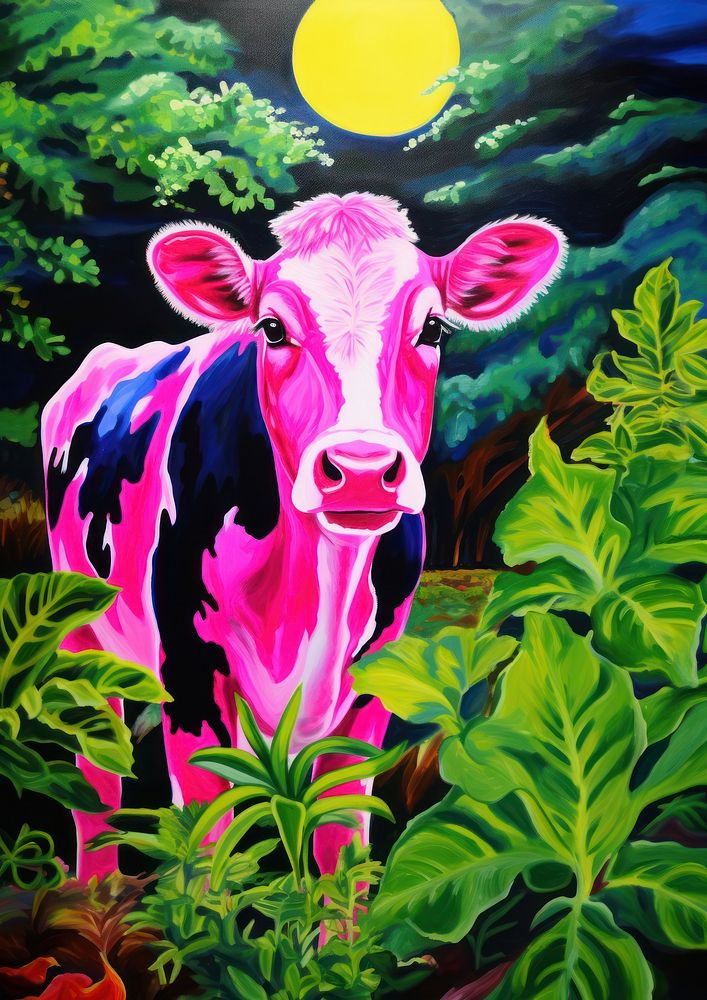 A cow in clean greenery livestock outdoors painting.