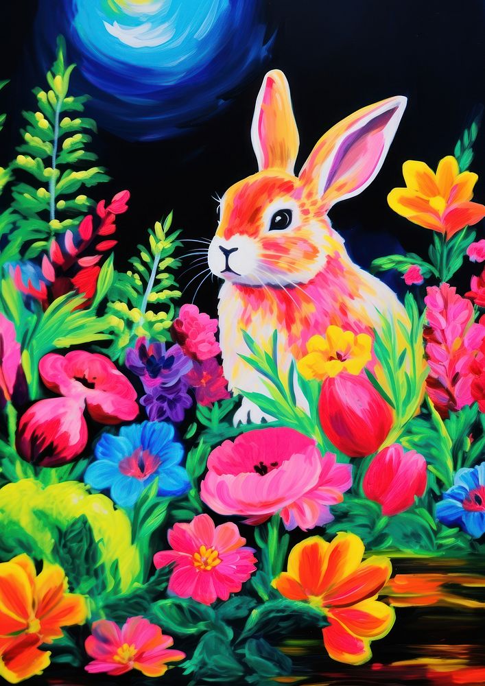 A cute rabbit in a flower garden painting animal mammal.